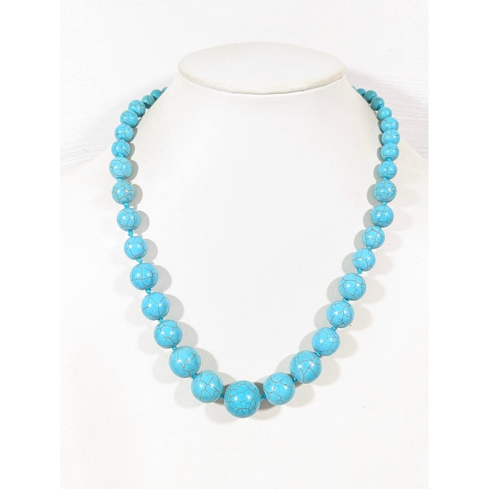 Blue Faux Turquoise Beaded Necklace 20" Round Stone Boho Southwestern‎
